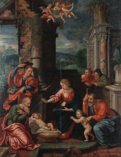 École FLAMANDE vers 1560, suiveur de Joos Van CLEVE L' Adoration de l'Enfant Jésus
Panneau...