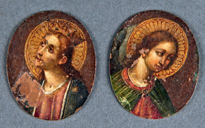 null Deux miniatures ovales peintes sur cuivre à double face. La première face représentant...