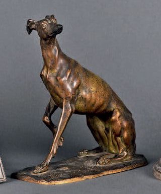 null Sculpture en bronze à patine brune représentant un lévrier assis.
XIXe siècle.
Hauteur:...