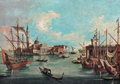 École ITALIENNE dans le goût de Canaletto 
Vue de Venise, vedute
Toile.
71 x 101...