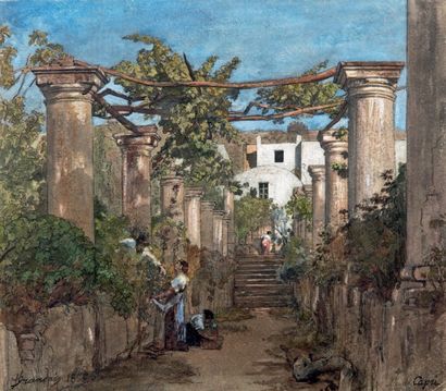 François Louis FRANCAIS (1814-1897) 
Capri, récolte du raisin dans la colonnade d'une...