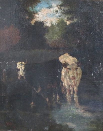 École Française du XIXe siècle 
Vaches au bord de la rivière
Huile sur toile monogrammée...