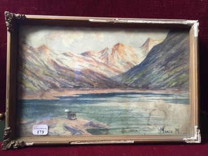 null Ecole début du XXe Lac de montagne. Aquarelle Hauteur : 14 cm - Longueur : 22...