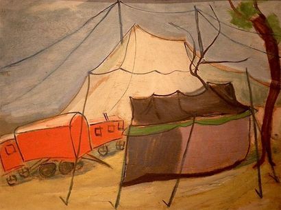 Rodica VALEANU (1923-1965) Chaîteaux et roulottes rouges Huile sur panneau 46 x 61...