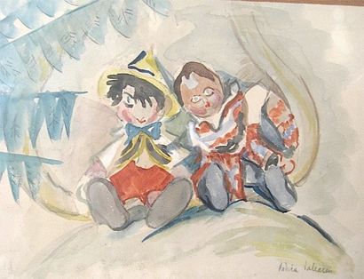 Rodica VALEANU (1923-1965) Pinocchio et poupée Aquarelle sur traits de crayons signée...