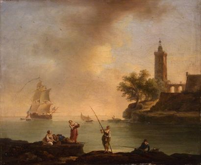 Attribué à Jean-Baptiste François GENILLION (1750 - Paris 1829) Pêcheurs sur un rivage...