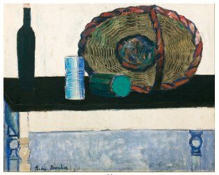 André BRASILIER (1929) Nature morte au panier de bouteilles Huile sur toile signée...