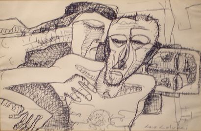 Gio COLUCCI (1892-1974) Trois têtes Stylo bille signé en bas à droite. 13 x 20 c...