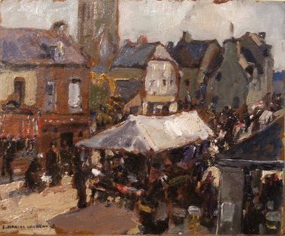Emmanuel MARCEL LAURENT (1892-1948) Jour de marché à Marigny (Manche), 1937 Huile...