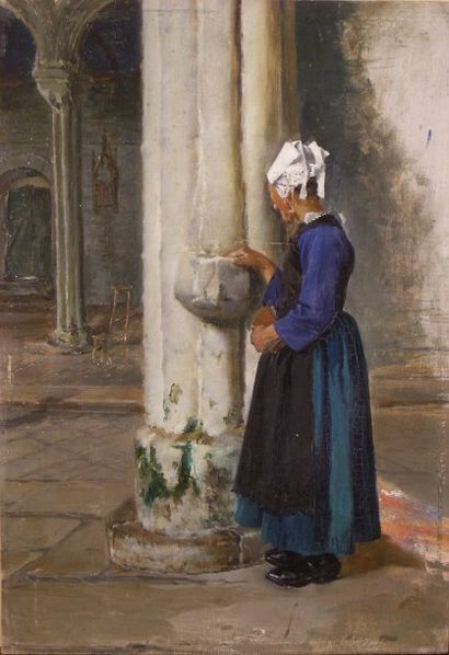 ÉCOLE BRETONNE Femme devant un bénitier Huile sur panneau. 27,5 x 19,5 cm