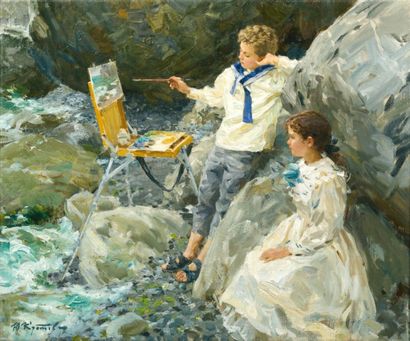 YURI KROTOV (1964) Jeune peintre et admiratrice Huile sur toile signée en bas à gauche....