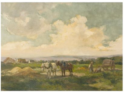 Clément QUINTON (1851-1920) * Le repos après les labours Huile sur toile signée en...