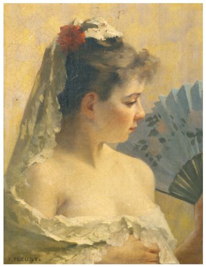 Fanny-Laurent FLEURY (1848-?) * Jeune femme à la mantille et éventail Huile sur toile...