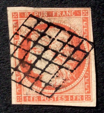 null France N° 7a 1 f. vermillon vif, oblitéré grille, marge limitée angle supérieur...