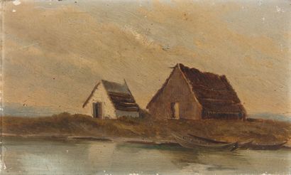 Émilien FROSSARD (1802-1881) 
Maisons au Grau du Roi
Huile sur papier marouée sur...