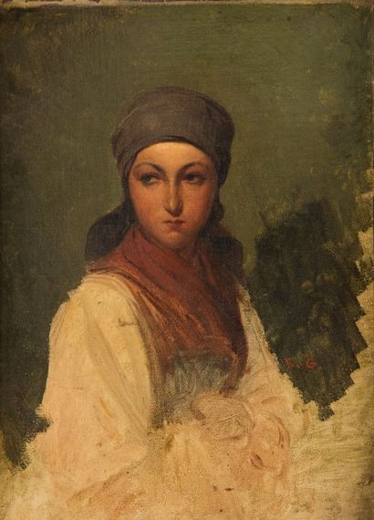 Karl Girardet (1813-1871) 
Esquisse d'un portrait de femme au turban
Huile sur toile...