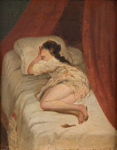 École Française du XIXe siècle 
Jeune femme endormie
Huile sur panneau.
22,5 x 17,5...