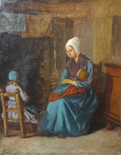 École du XIXe siècle 
Intérieur avec femme et enfant devant la cheminée
Toile.
27...