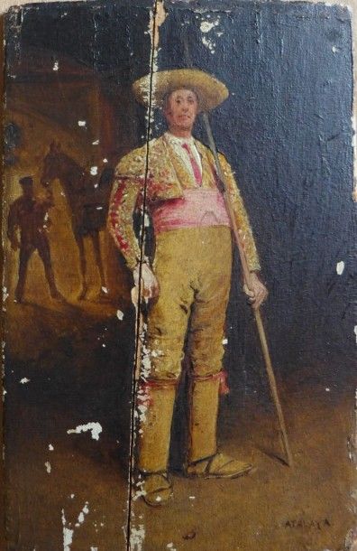 Enrique ATALAYA (1841-1914) 
Portrait d'un picador dans une écurie
Huile sur panneau...