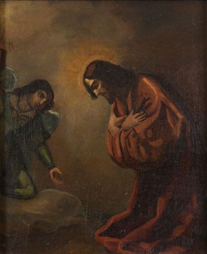 École ESPAGNOLE du XIXe siècle 
Le Christ et l'Ange
Huile sur toile.
29 x 23,5 c...