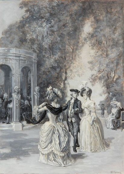 François Joseph VERNAY (1864-1950) 
Scène galante dans un parc
Gouache en grisaille...