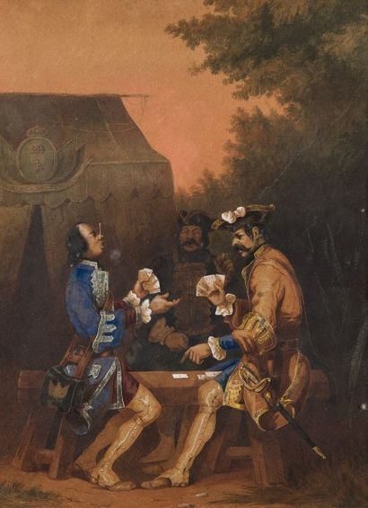 École du NORD du XIXe siècle 
Soldats jouant aux cartes
Encre et aquarelle.
40 x...