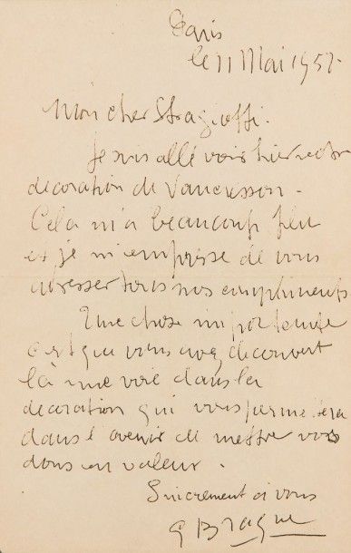 *Georges BRAQUE (1882-1963) 
Lettre manuscrite adressée au peintre Humbert
Straggiotti...