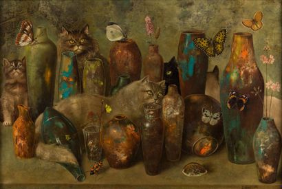 Stanisla LEPRI (1905-1980) 
Vases et chats ou «Le bonheur est fragile»
Toile signée...