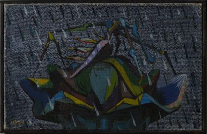 Lucien COUTAUD (1904-1977) 
Le chapeau sous la pluie
Huile sur toile signée en bas...