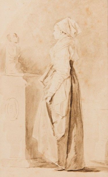 Jean Honoré FRAGONARD (1732 - 1806) 
Jeune femme devant une sculpture antique de...