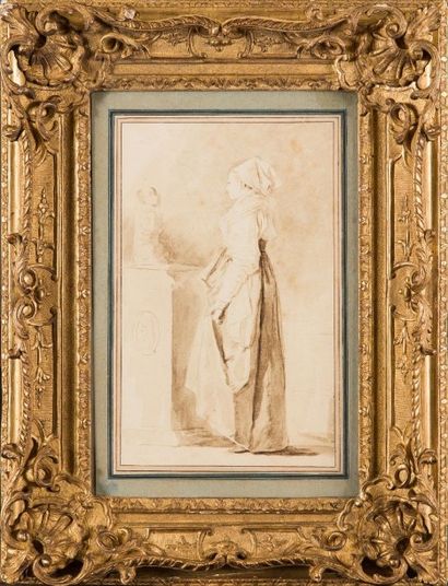 Jean Honoré FRAGONARD (1732 - 1806) 
Jeune femme devant une sculpture antique de...