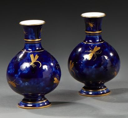 Manufacture de Sèvres 
Paire de petits vases en porcelaine à décor doré d'insectes...