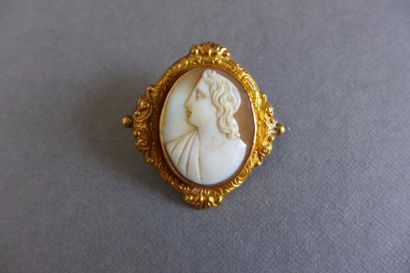 null Broche en or jaune 18k (750 millièmes) sertie d'un camée coquille ovale représentant...