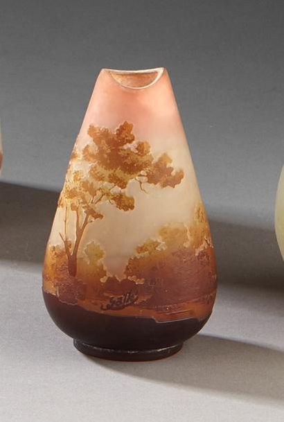 ÉTABLISSEMENT GALLÉ Vase ovoïde à panse aplatie sur talon en verre double couches...