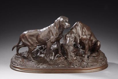 Pierre-Jules Mene (1810-1879) Couple de Saintongeois
Bronze à patine brune, signé...