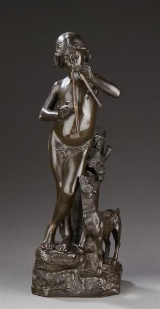 Joaquim ANGLES CANE (1859-?) Idylle Statuette en bronze patiné représentant un jeune...