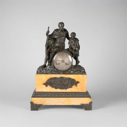 null Pendule en bronze patiné et marbre jaune de Sienne ornée de Bélisaire mendiant....