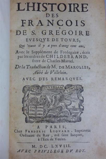 SAINT-GRÉGOIRE DE TOURS Histoire des François, avec le Supplément de Frédégaire.
Traduction...