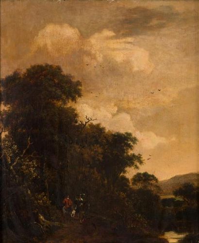 Attribué à Jan HACKAERT (1629-1685) Sous-bois animé de personnages
Panneau de chêne,...