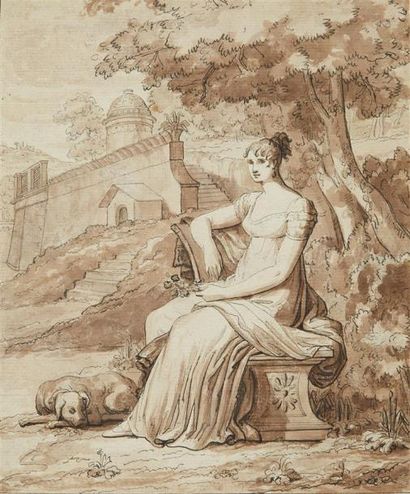 École française néoclassique Portrait de femme assise dans un jardin Plume et encre...