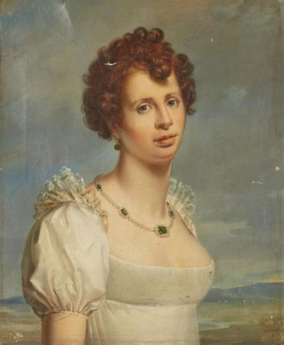 École FRANÇAISE du début du XIXe siècle Portrait de femme à la parure d'émeraude
Huile...