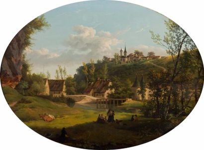ÉCOLE ALLEMANDE de la fin du XVIIIe siècle Paysage animé, le peintre se représentant...
