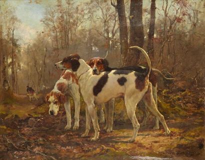 Charles Gustave PARQUET (1826-?) Trois chiens de meute
Huile sur toile signée en...