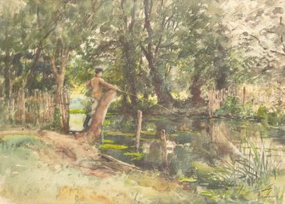 René DEGOMMIER (XXe siècle) Pêcheur au bord de la rivière, Chamarande
Aquarelle signée...