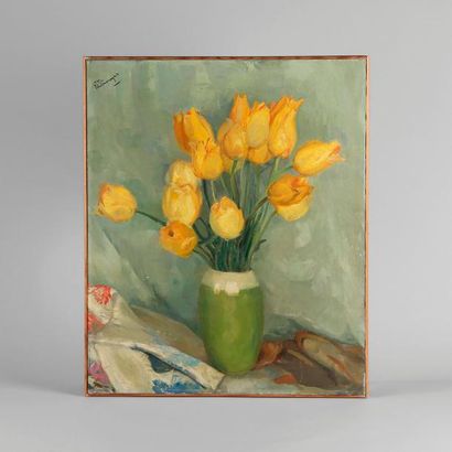 Maurice Ambroise Ehlinger (1896-1981) Bouquet de tulipes jaunes
Huile sur toile,...