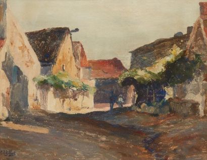  Eugène Louis GILLOT (1867-1925) 
Rue de village 
Huile sur papier marouflé, signée...