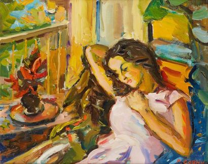 null Pierre CORNU (1895 - 1996) 

Femme au balcon 

Huile sur toile signée en bas...