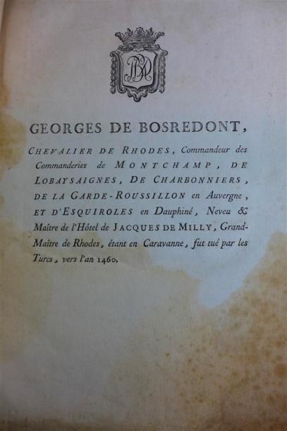 null Généalogie de la Famille de Bosredont, 1780 ; in-4° demi toile post. (tâches).

-...