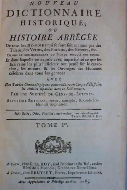 null Nouveau dict. Hist., Caen et Lyon, 1789, 9 vol. in-8° basane jaspée ornée de...
