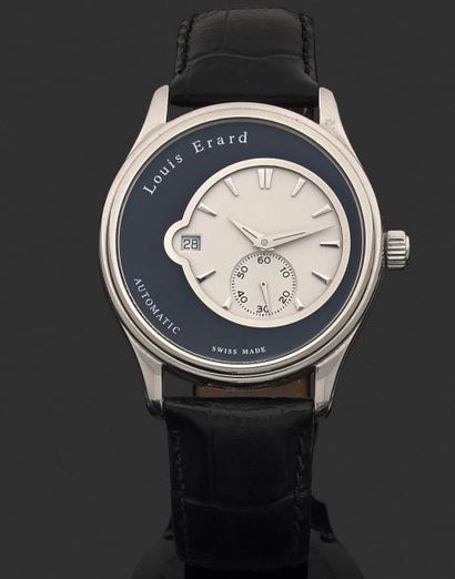 LOUIS ERARD MONTRE D'HOMME en acier, cadran circulaire à fond noir et blanc, décalé,...